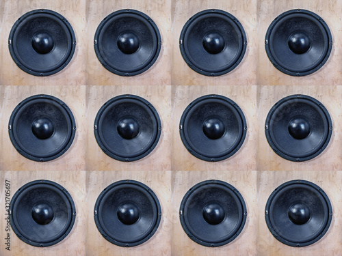 old woofer speakers background, sound concept rustic and retro design