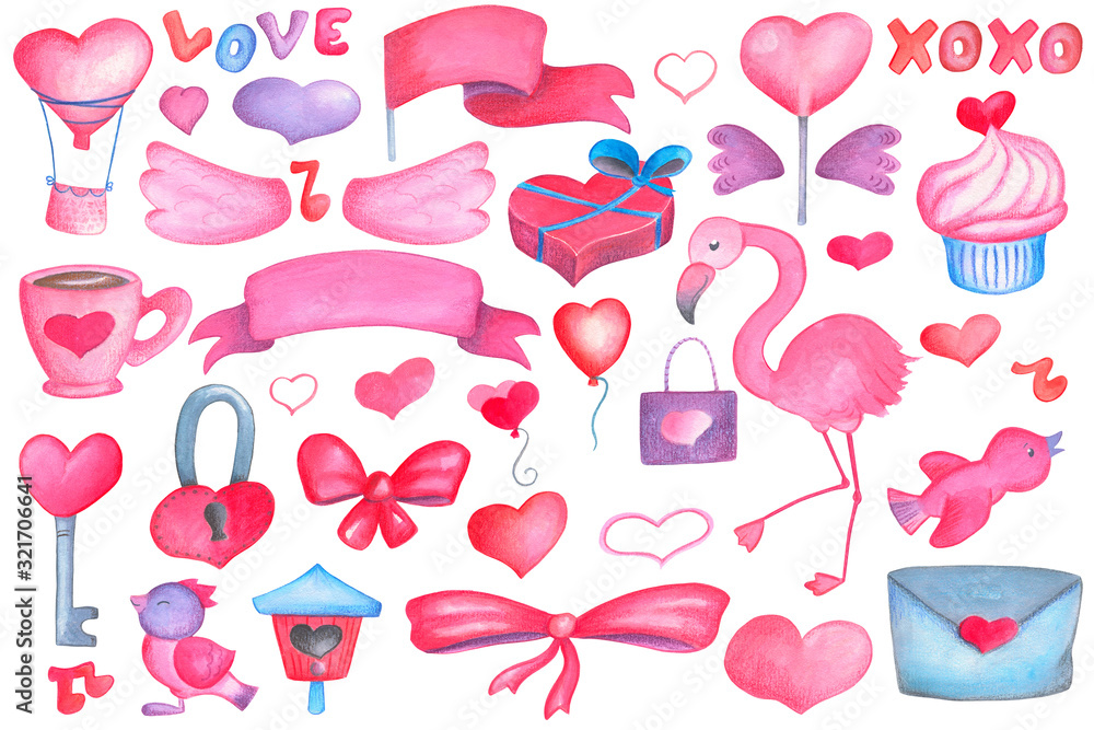 Pink blue watercolor heart and wings on white background. Valentine's Day handdrawn clipart set Pink blue watercolor heart and wings on white background. Valentine's Day handdrawn clipart set
