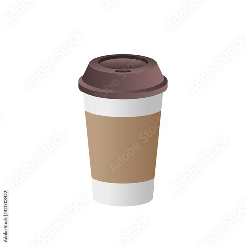White paper cup with brown lid and a sleeve mockup. Realistic disposable coffee cup on white background. Empty plastic cup for Cafe logo. Blank mockup for brand identity. Vector template illustration 