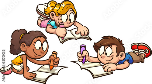 Kids lying on the floor and drawing with crayons. Vector cartoon clip art illustration with simple gradients. Each on a separate layer.