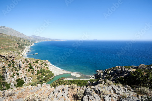 Panorama of Preveli beach at Libyan sea  river and palm forest  southern Crete   Greece.