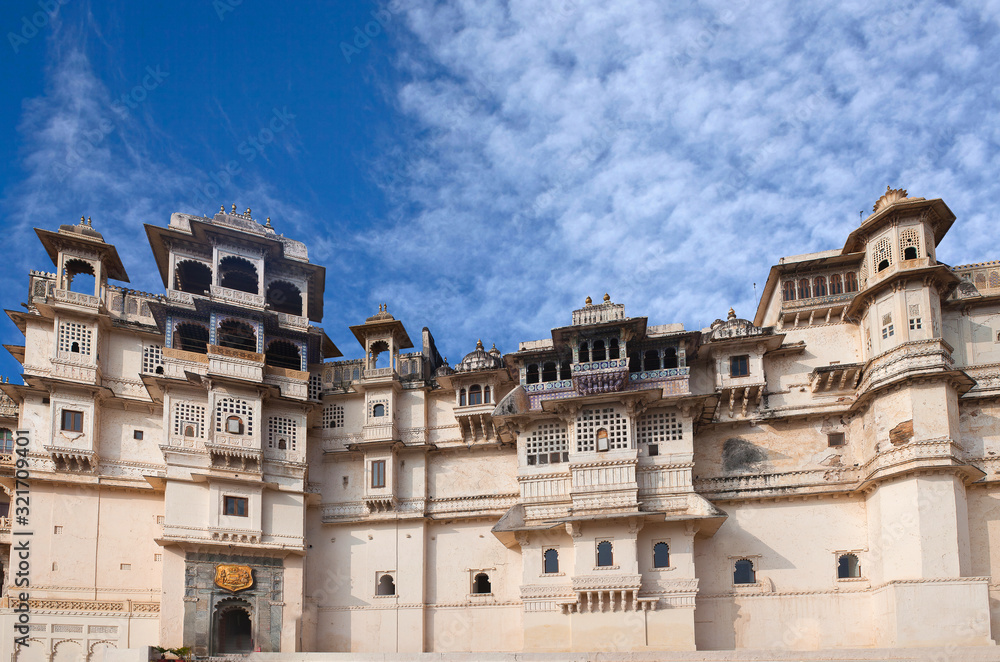 Exterior of famous ancient City Palace in Udaipur, Rajasthan, India