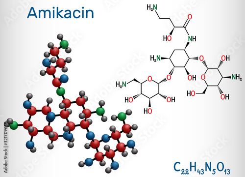 Amikacin, C22H43N5O13 molecule. It is aminoglycoside antibiotic, it exerts activity against more resistant gram-negative bacteria. Structural chemical formula and molecule model