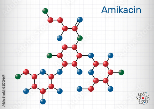 Amikacin, C22H43N5O13 molecule. It is aminoglycoside antibiotic, it exerts activity against more resistant gram-negative bacteria. Molecule model. Sheet of paper in a cage. Vector illustration