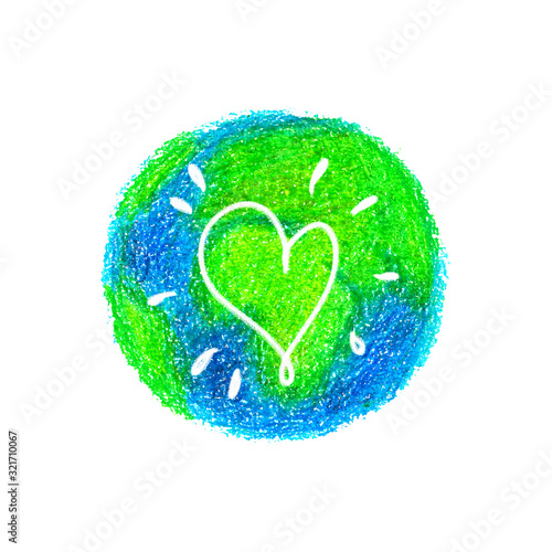 hand drawn crayon earth planet with heart