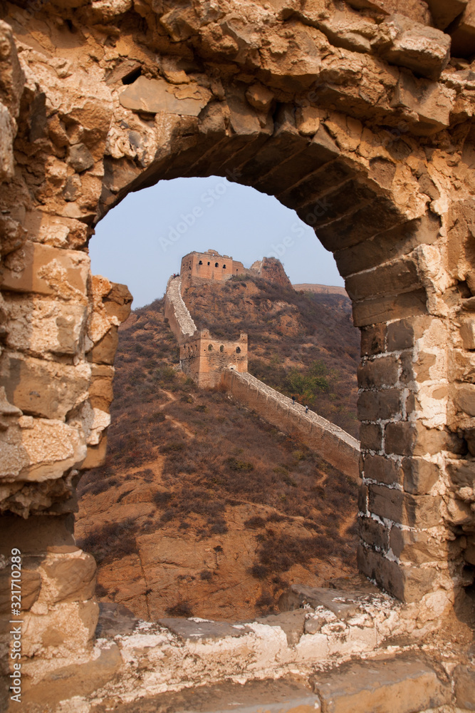 Great wall seen from a deteriorated watch tower ruin, Simatai, Beijing, China