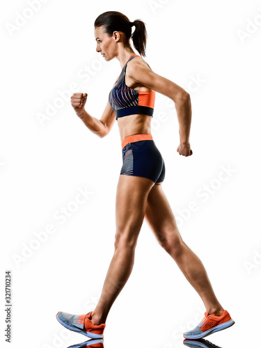 young woman runner running jogger jogging athletics isolated white background