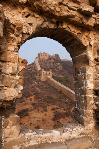 Great wall seen from a deteriorated watch tower ruin, Simatai, Beijing, China