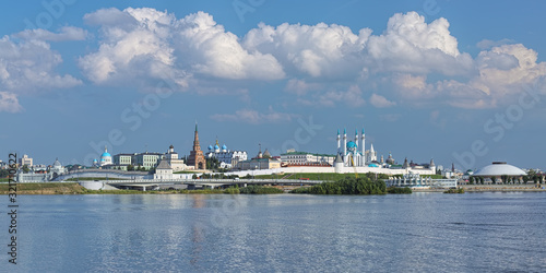 Kazan, Russia. View of Kazan Kremlin with Presidential Palace, Soyembika Tower, Annunciation Cathedral, Qolsharif Mosque, Spasskaya Tower. Outside Kremlin: Palace of Farmers, Kazan Cathedral, Circus. photo