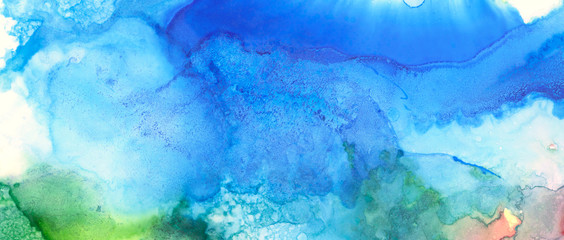 Art Abstract paint blots background. Alcohol ink blue colors. Marble texture. Horizontal long banner.