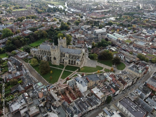 an aerial view of Exeter City centre , Devon , England, UK with Exeter Cathedral 