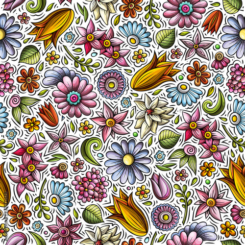 Cartoon cute hand drawn Spring seamless pattern.