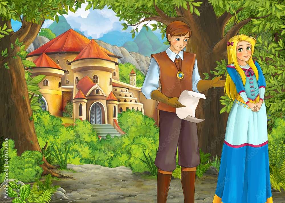 Fototapeta premium Cartoon nature scene with beautiful castle with prince and princess