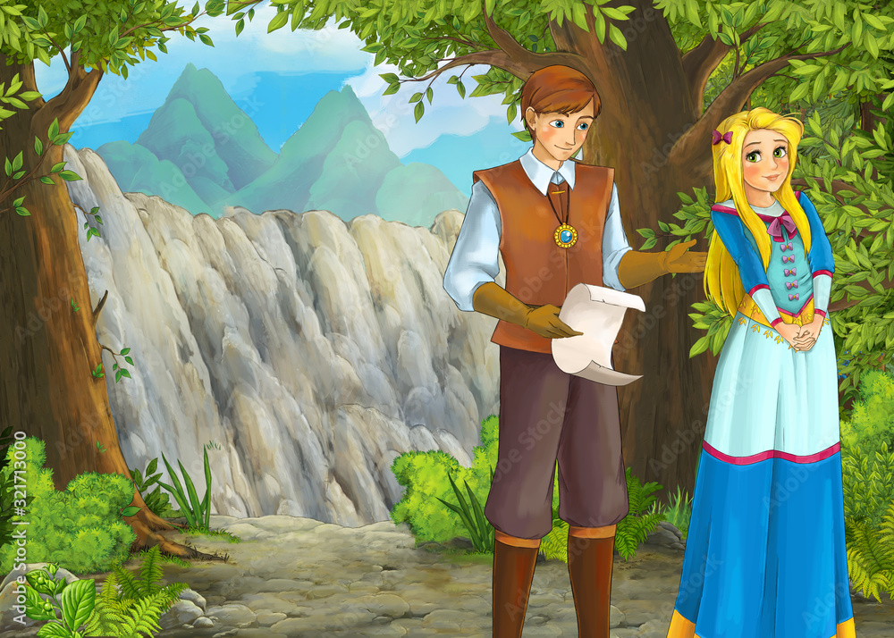 Fototapeta premium cartoon scene with mountains valley near the forest with prince and princess