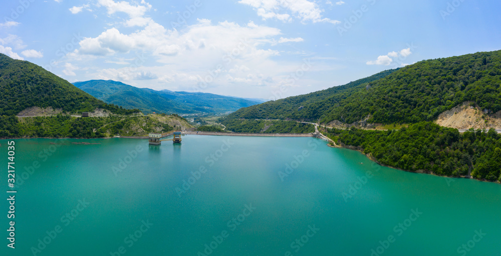 mountains and lake, dam in the mountains. Zhinvali water reservoir. Zhinvali dam.