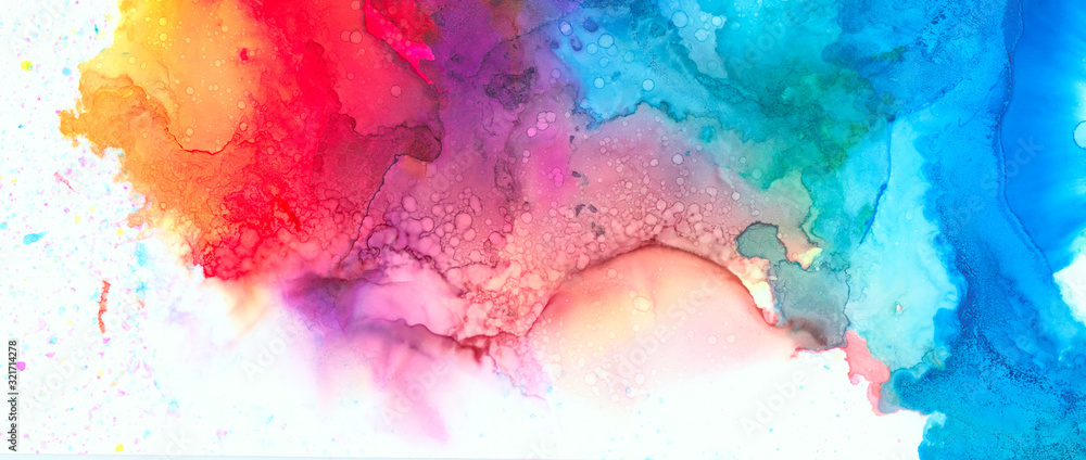 Fototapeta premium Art Abstract paint blots background. Alcohol ink blue colors. Marble texture. Horizontal long banner.