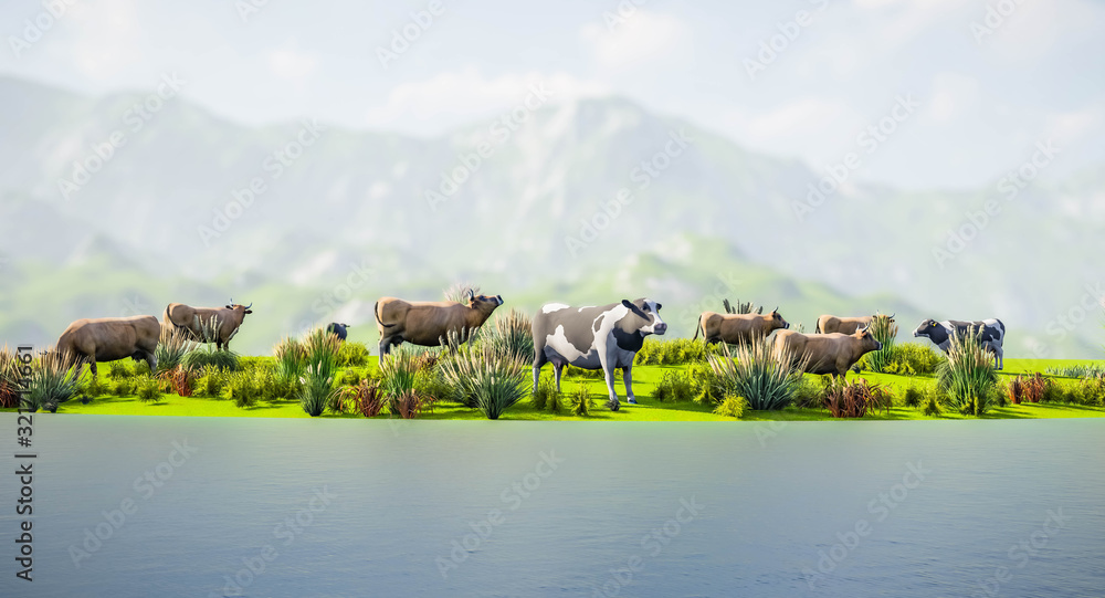 Cow at Landscape 3D Rendering Cow at Landscape 3D Rendering