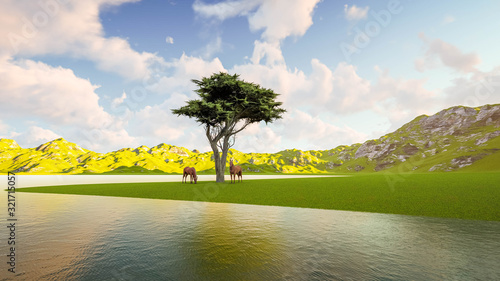 Horse in Nature Landscape 3D Rendering