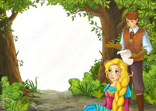 Fototapeta Naklejka Na Ścianę i Meble -  cartoon summer scene with meadow in the forest with white background with prince and princess
