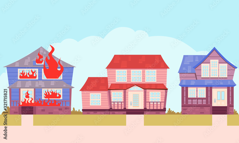 Fire in a house on a city street. Flat design. Vector illustration