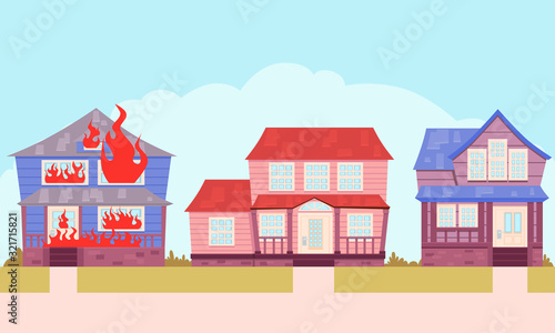 Fire in a house on a city street. Flat design. Vector illustration