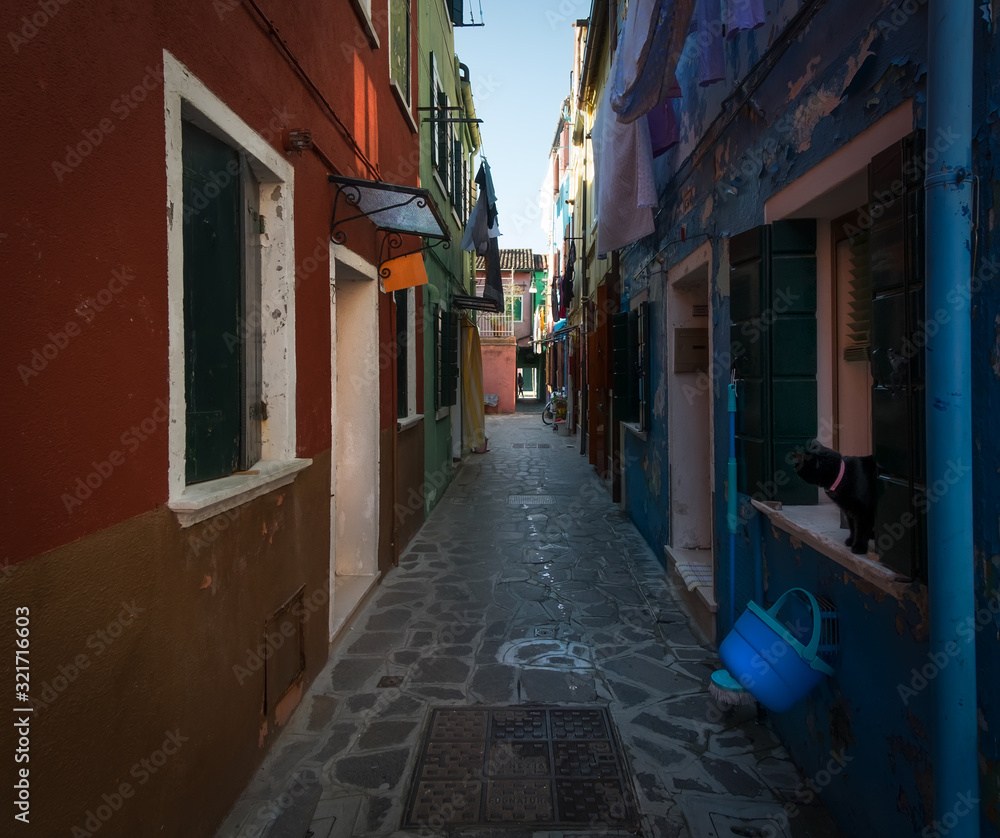 Morning on the island of Burano. Cat in the window. The streets of the old city of Venice. Bright sun. The beauty of the ancient city. Italy.
