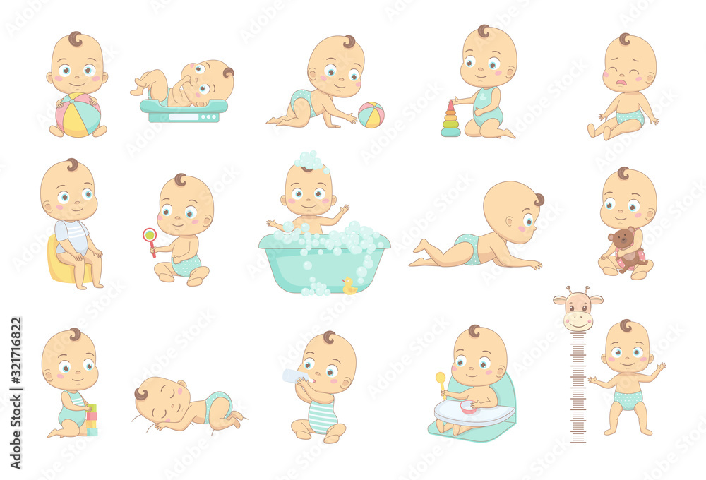 Adorable happy baby and his daily routine. Care about infant baby. Set of baby characters.