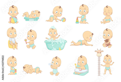 Adorable happy baby and his daily routine. Care about infant baby. Set of baby characters.