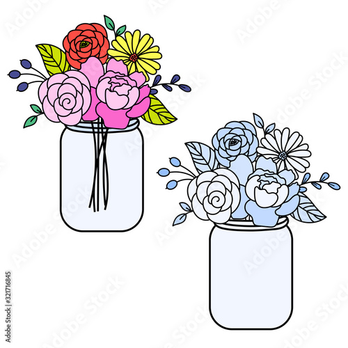 Line style floral bouquet in a maison jars vector illustration.