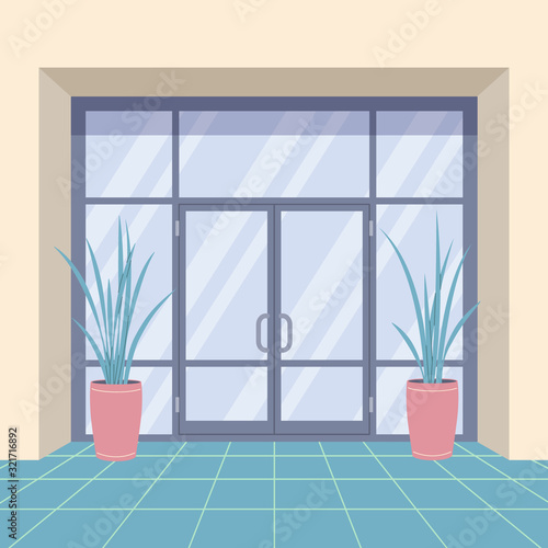 Office Interior with Door and Pot Plants.