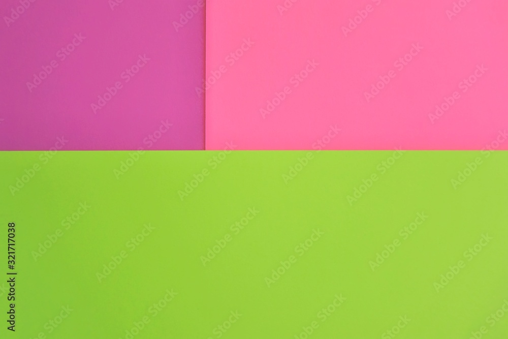 Abstract modern background with purple pink and neon green colors. Minimal contemporary design. Colorful paper color blocks mock up. Trendy color block design. Textured geometric background