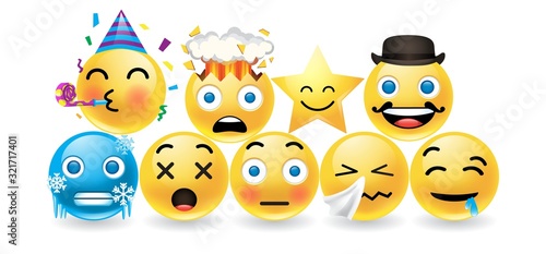 Set of colorful emoticons with expressive faces for a party, dismay, gent in bowler hat, sad, tired, bashful, crying on white with drop shadows, vector design elements