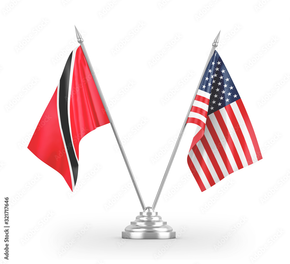 United States and Trinidad and Tobago table flags isolated on white 3D rendering