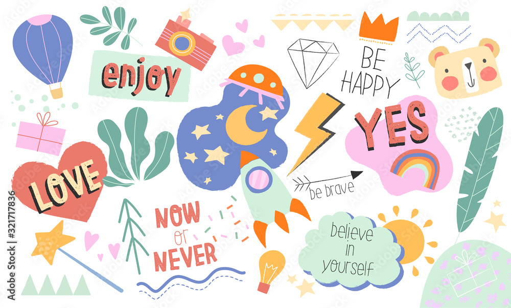 Collection of positive inspirational doodles with text and motivational messages over colored icons on white, vector illustration