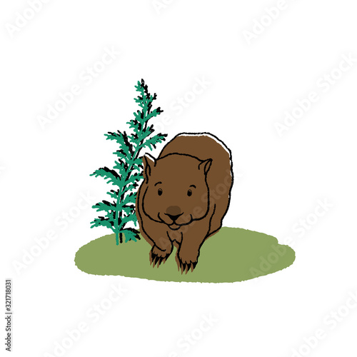 Funny marsupial wombat with background landscape design. Cute vector illustration with an Australian animal. For textiles, cards, posters and other design.