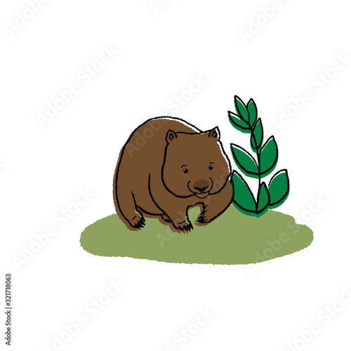 Funny marsupial wombat with background landscape design. Cute vector illustration with an Australian animal. For textiles, cards, posters and other design.