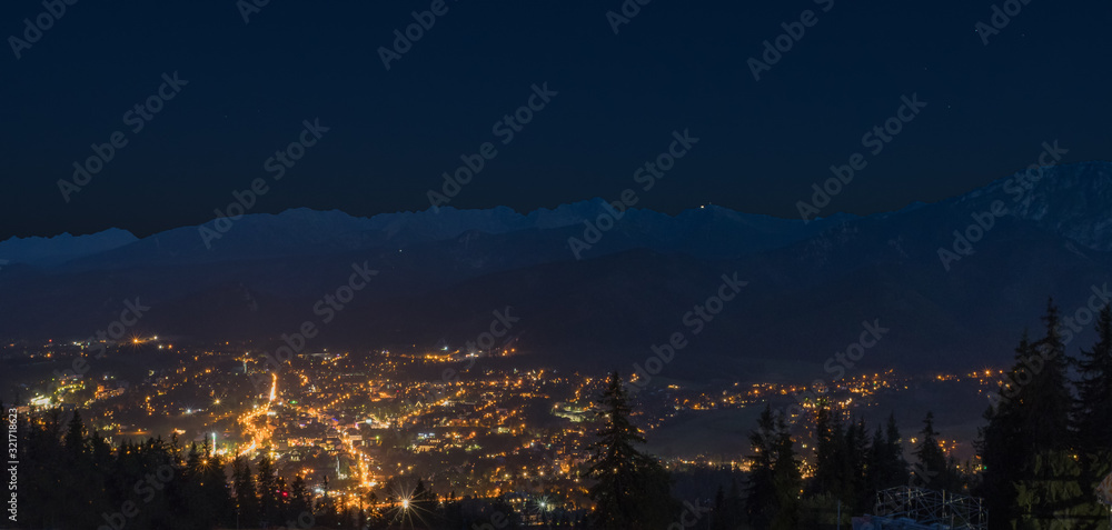Panorama of Zakopane in the night, view from Gubalowka, Poland