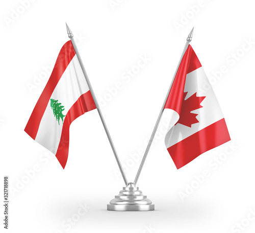 Canada and Lebanon table flags isolated on white 3D rendering