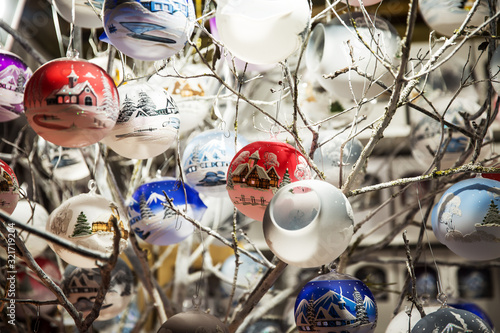 Christmas toys in shop on Christmas market .