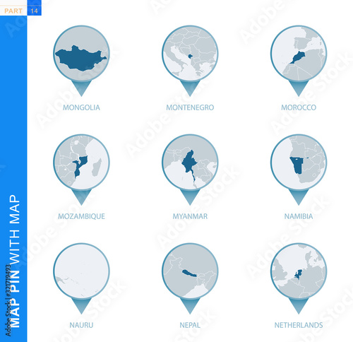 Collection of map pin with detailed map and neighboring countries