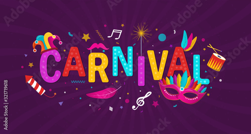 Colorful Carnival background banner with multicolored text surrounded by party accessories and firework on purple, vector illustration