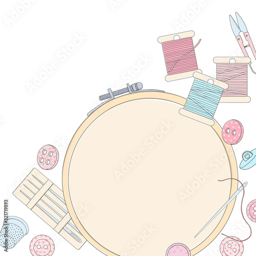 Frame with embroidery hoops and sewing accessories on a white background. Template.