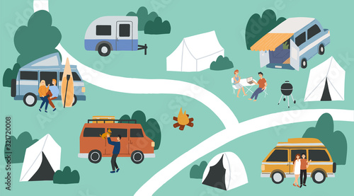 Van life concept. Hand drawn vector flat illustration. Campsite view. People living in campervans, trailers, tents.