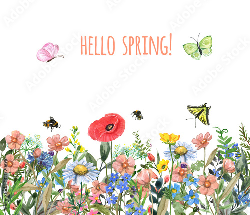 Watercolor meadow illustration. Wildflowers border. Bright colorful spring fl...