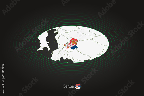 Serbia map in dark color, oval map with neighboring countries.