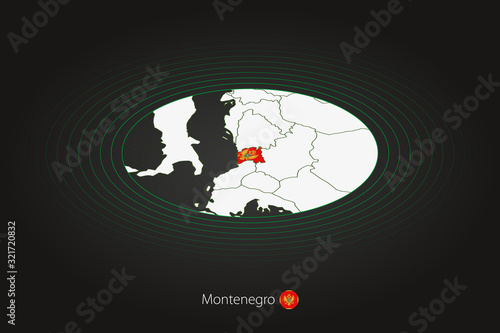 Montenegro map in dark color, oval map with neighboring countries.