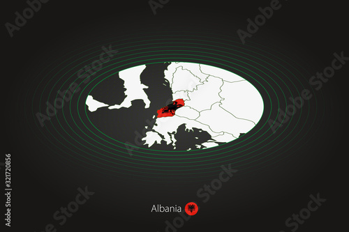Albania map in dark color, oval map with neighboring countries.