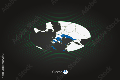 Greece map in dark color, oval map with neighboring countries.