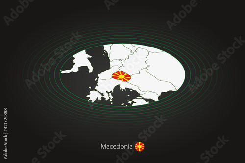 Macedonia map in dark color, oval map with neighboring countries.