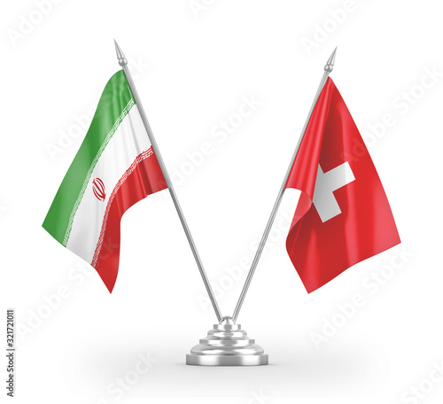 Switzerland and Iran table flags isolated on white 3D rendering photo